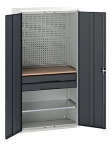 Verso multiplex worktop cupboard with 1 shelf, 2 drawers and louvre backpanel. WxDxH: 1050x550x2000mm. RAL 7035/5010 or selected Bott Verso Basic Tool Cupboards Cupboard with shelves